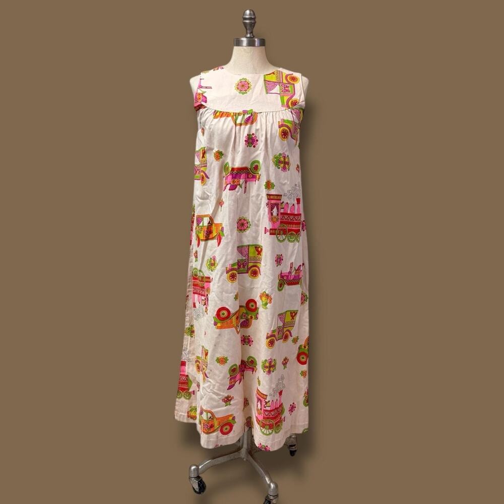 Vintage Sears Hawaiian Fashions Dress Pink Florals Retro Cars Size Small